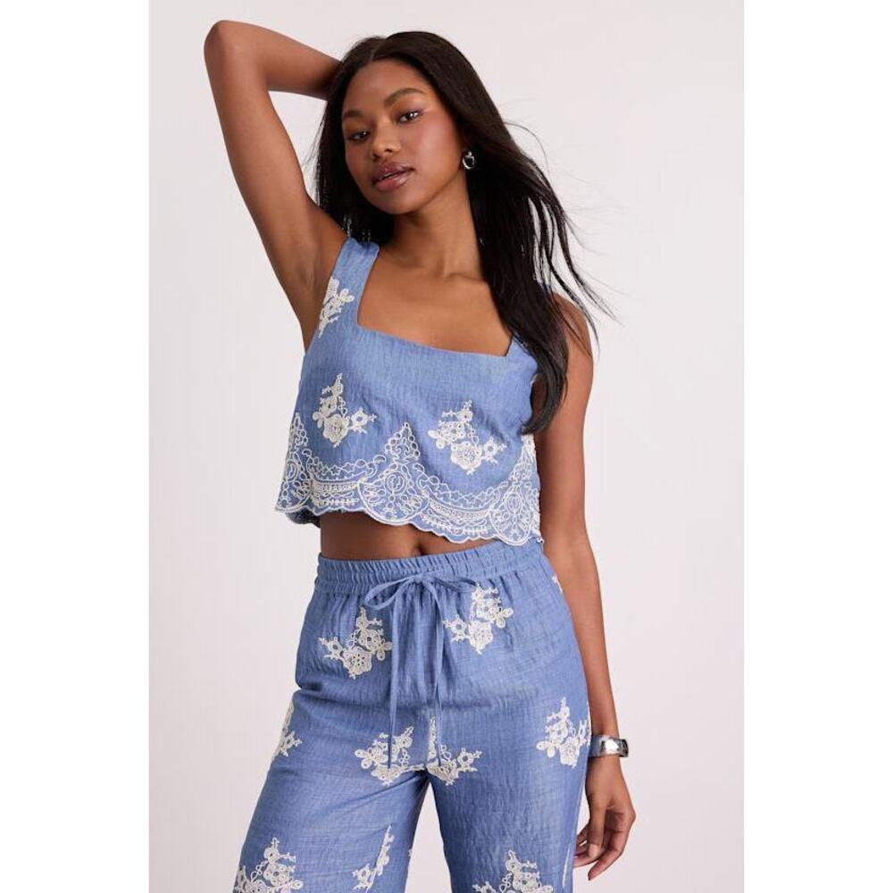 Lulus Havana Blue Embroidered Cropped Tank Top - Size XS